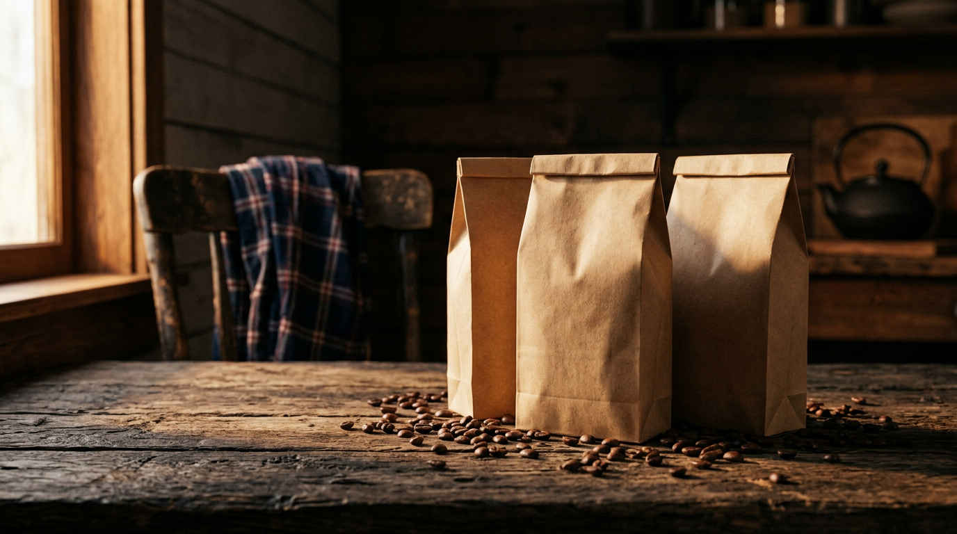 Coffee sample packs on rustic table